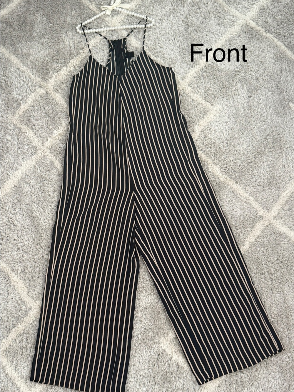 Olivaceous Black & White Vertical-Stripe Wide-Leg Jumpsuit